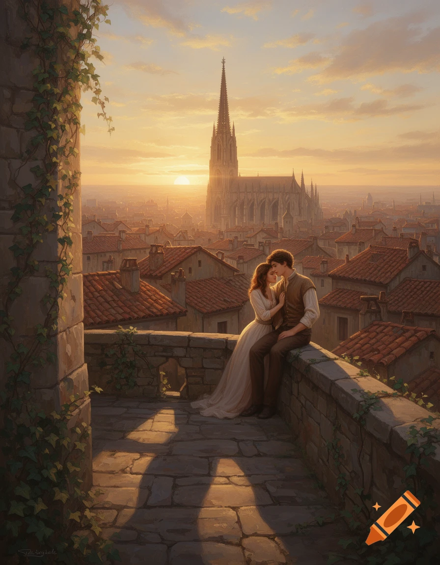 A romantic fantasy painting of a couple on medieval city ramparts at sunset, overlooking rooftops and a distant cathedral spire.