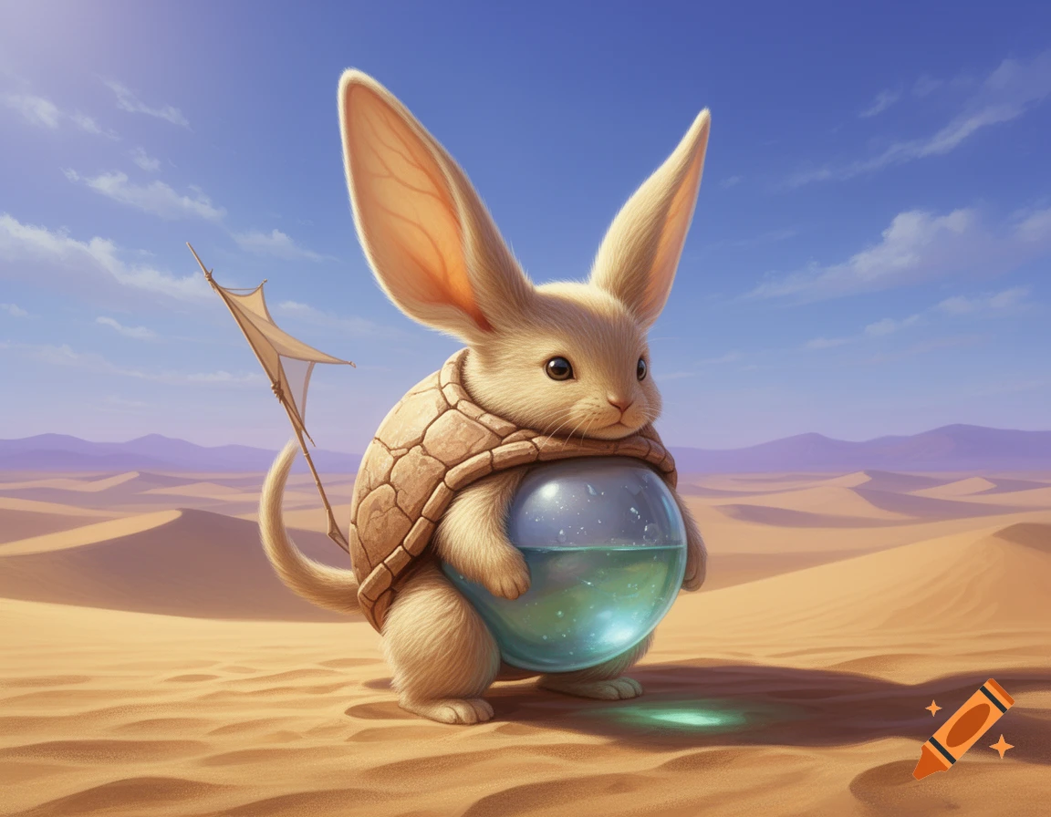 A cute, light-colored, rabbit-like desert creature with large ears, a turtle shell, and a glowing water-filled belly stands in a sunny desert.