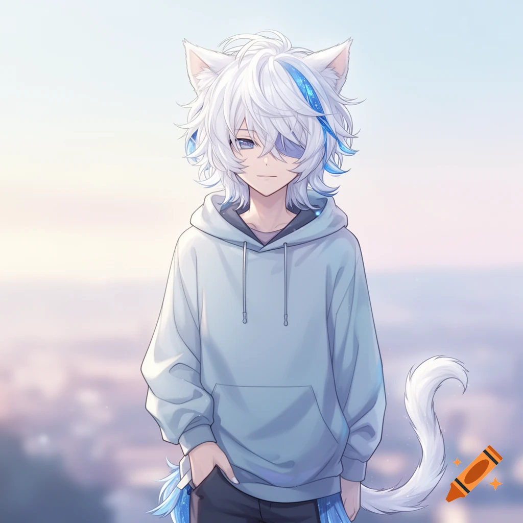 Anime boy with white fluffy hair, blue accents, cat ears, an eye patch, a light blue hoodie, and a white cat tail.