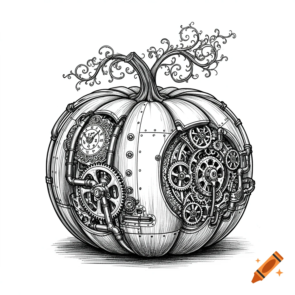 Detailed black and white line drawing of a steampunk pumpkin, featuring intricate gears, pipes, and a clock face within its carved-out sections. The pumpkin has a decorative, curly vine for a stem.