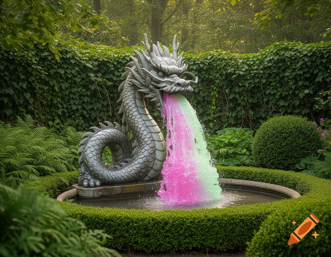 A grey dragon fountain spouts pink and green water into a pool in a lush green garden with hedges and ivy.