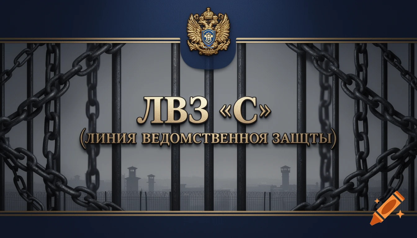 Banner with a Russian double-headed eagle emblem, golden Cyrillic text 'ЛВЗ ",C," (ЛИНИЯ ВЕДОМСТВЕННОЙ ЗАЩИТЫ)' over prison bars, chains, and watchtowers.