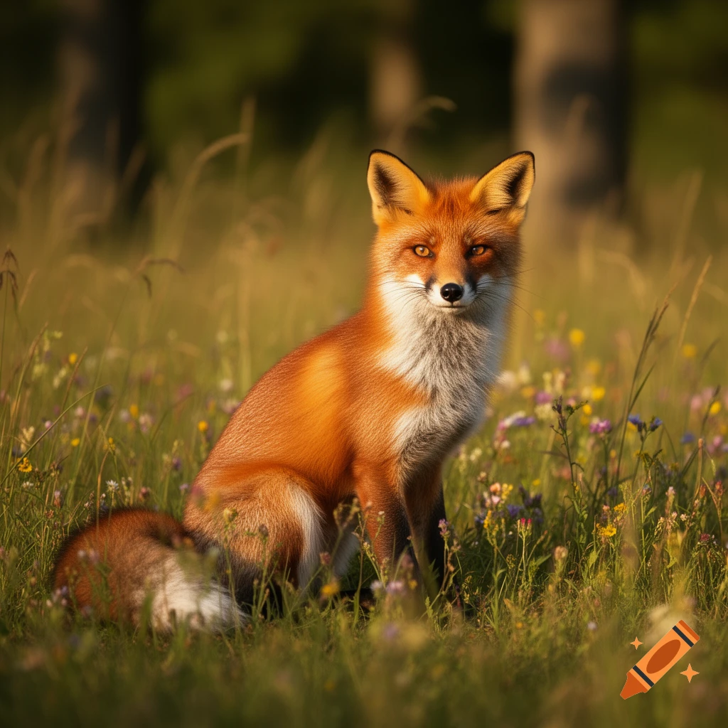 A photorealistic red fox with bright orange fur and white chest sits in a field of green grass and colorful wildflowers.