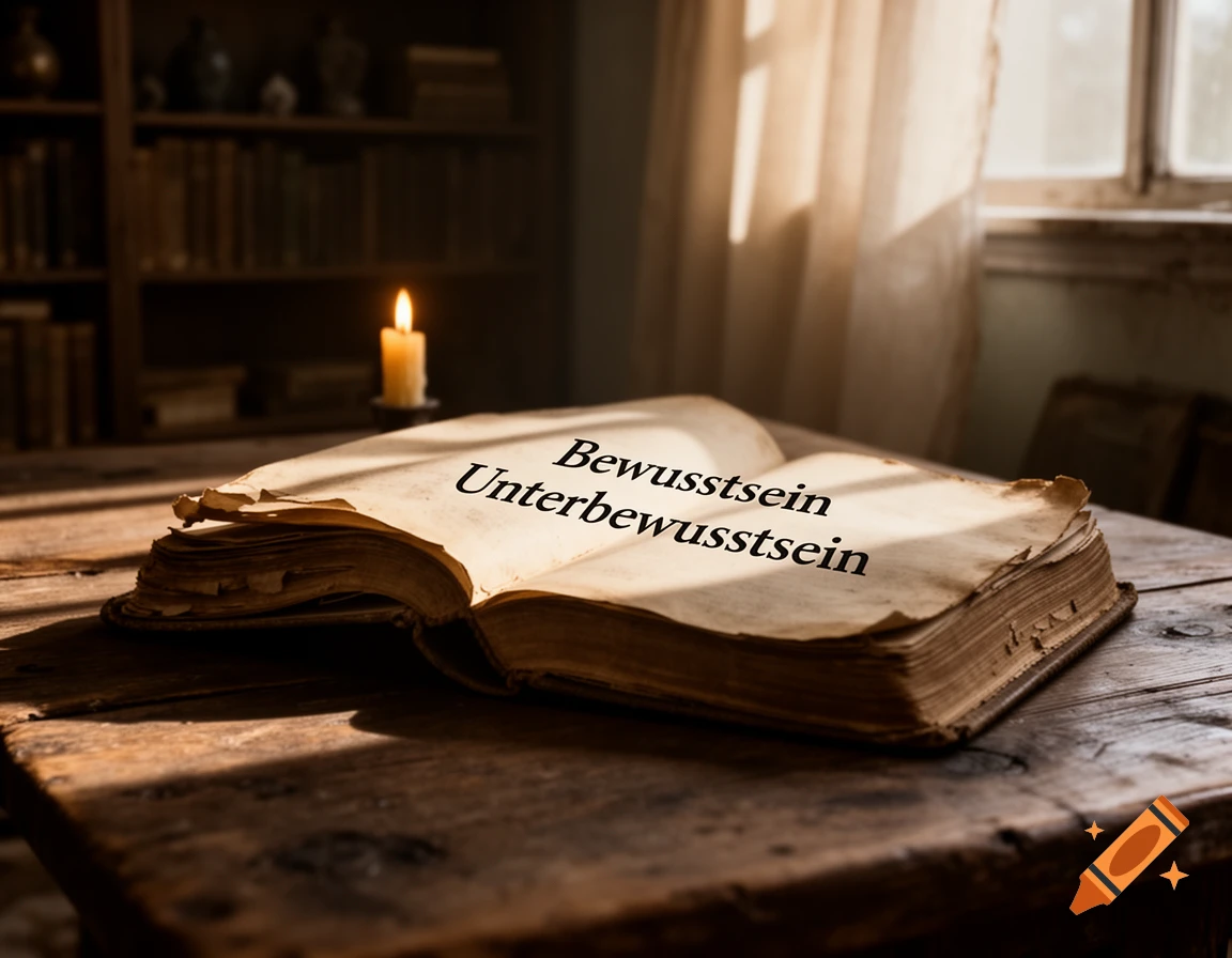 An old, open book displaying the German words "Bewusstsein" and "Unterbewusstsein" sits on a rustic wooden table, illuminated by a glowing candle and window light, with a bookshelf in the background.