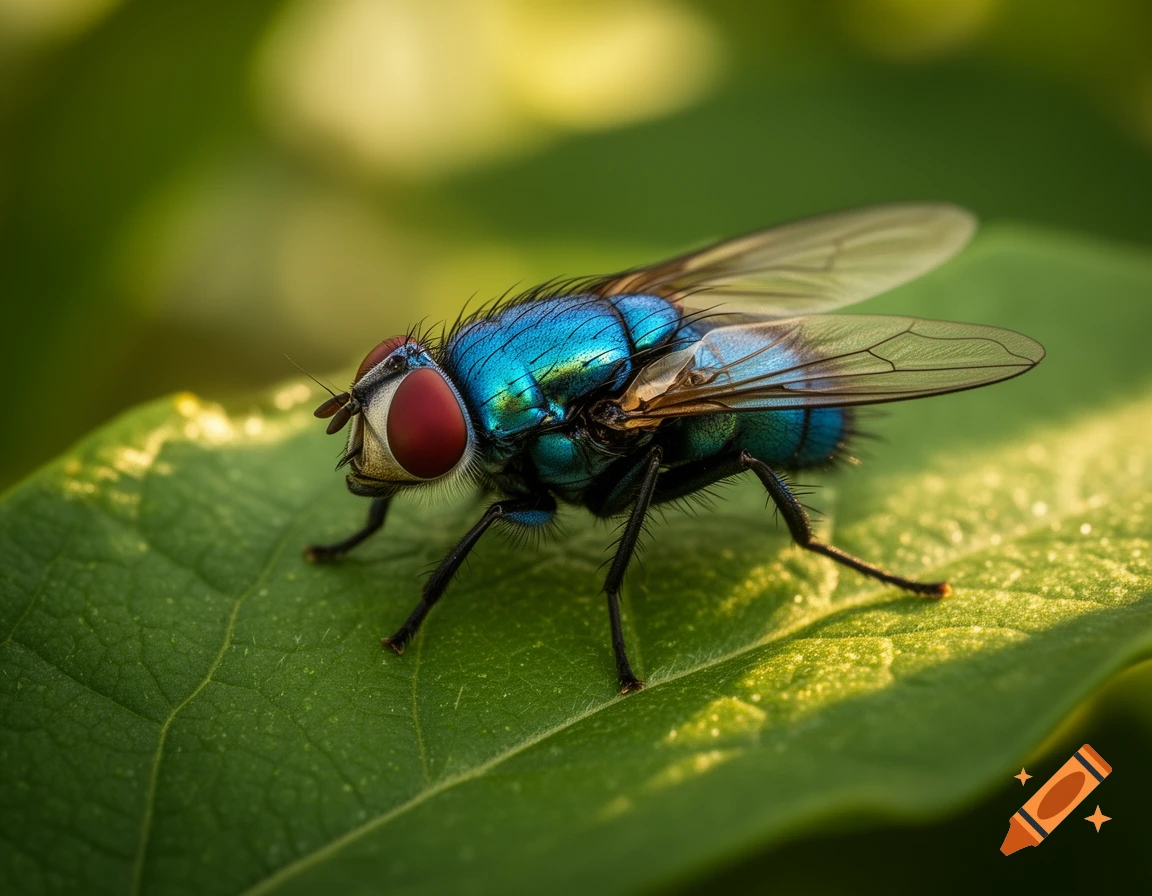 A metallic blue and green fly with large red eyes rests on a vibrant green leaf, captured in a detailed macro shot.