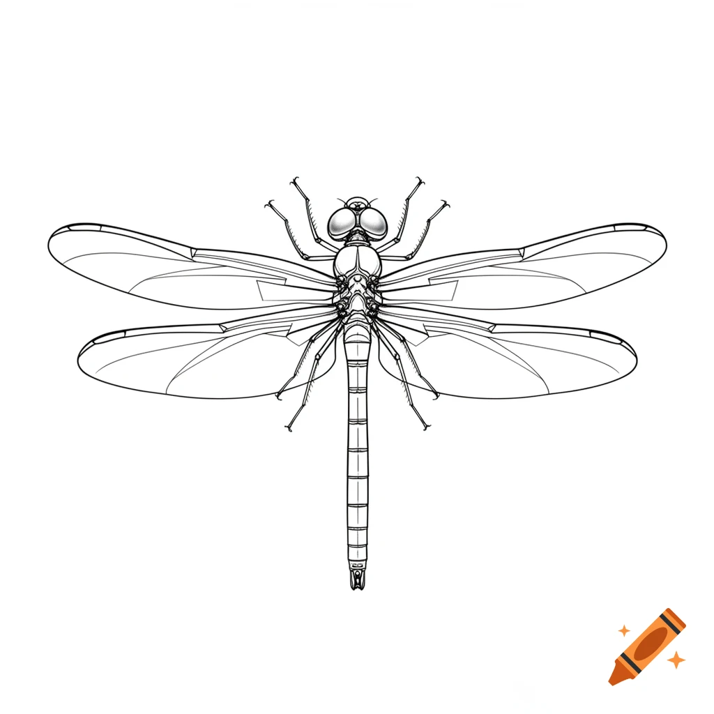 A top-down black and white line drawing of a dragonfly with simplified wing veins on a white background.