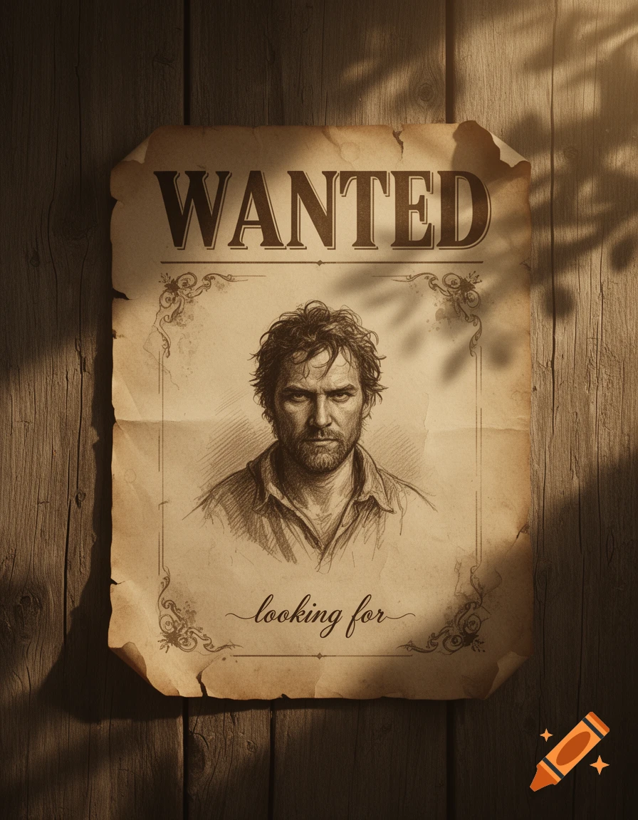 Vintage wanted poster on a wooden wall with a sketch of a man, reading 'WANTED' and 'looking for'.