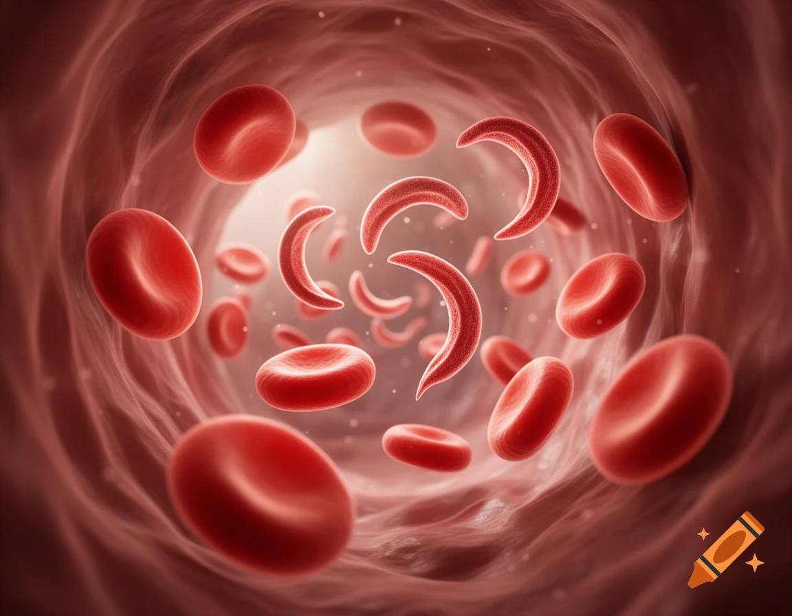 3D render of normal and sickle-shaped red blood cells flowing through a blood vessel.