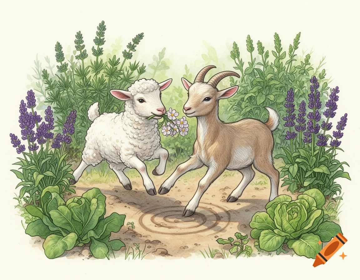 A cute lamb with a flower in its mouth dances with a kid goat amidst lavender and cabbage plants, in a charming illustration style.