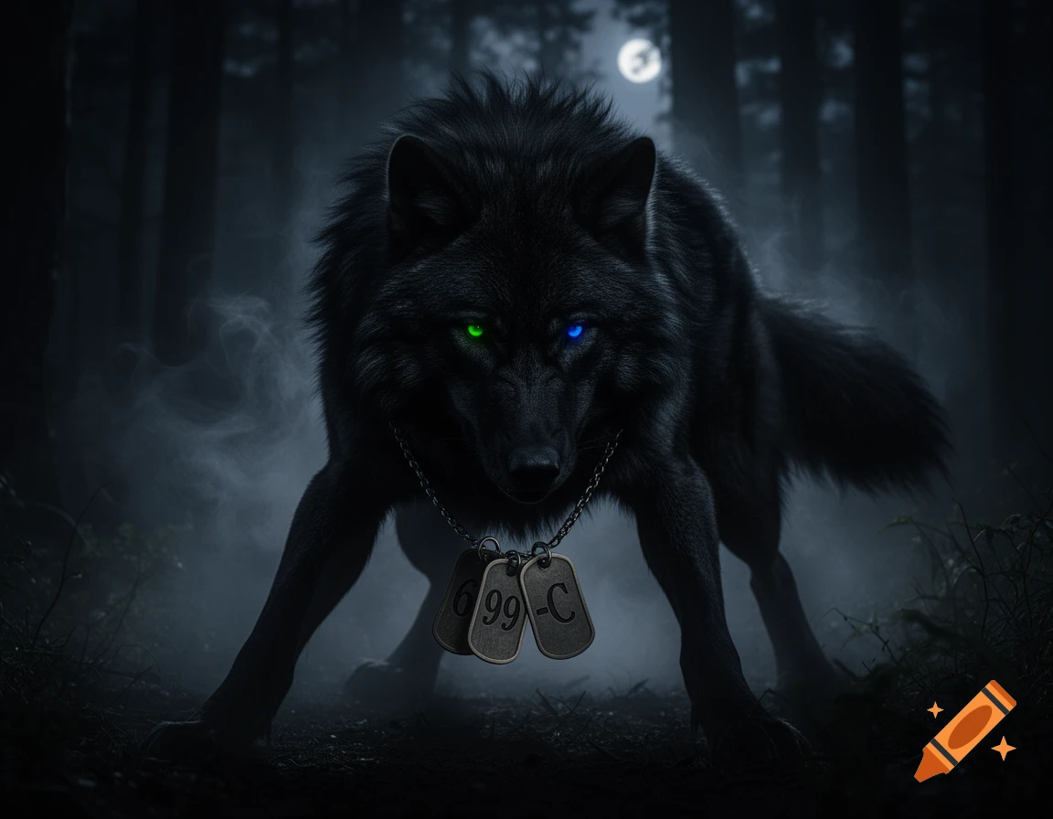 A menacing black wolf with one green and one blue glowing eye, wearing dog tags with '699-C', stands in a dark, misty forest under a full moon.
