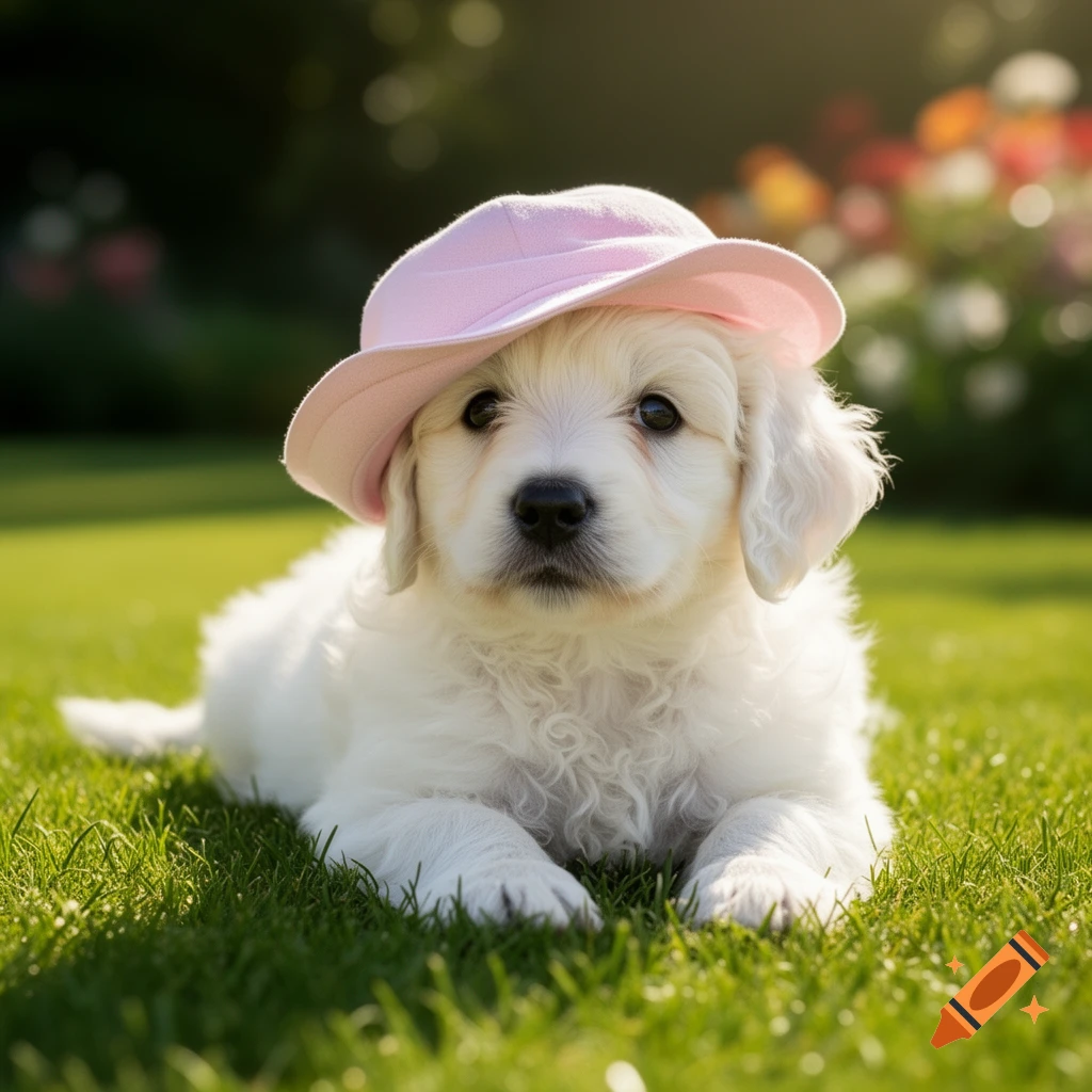 A cute white fluffy puppy wearing a pink hat lies on vibrant green grass in soft sunlight.