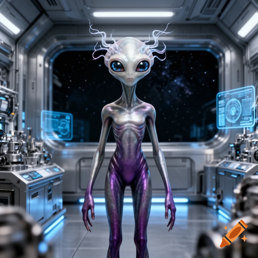 A tall, slender grey and purple alien with large blue eyes and tendrils on its head stands in a futuristic spaceship bridge, looking forward.