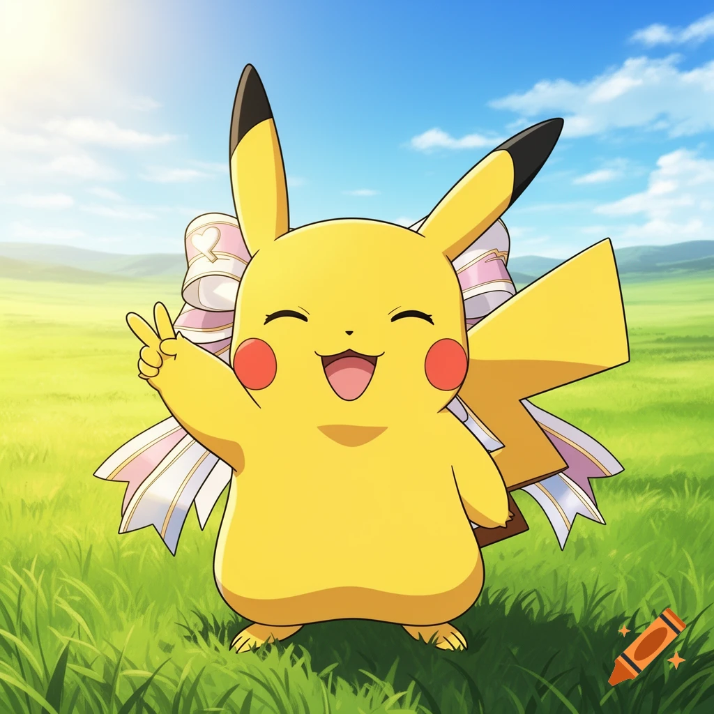 Anime-style Pikachu with a pink ribbon on its back, giving a peace sign in a sunny green field.