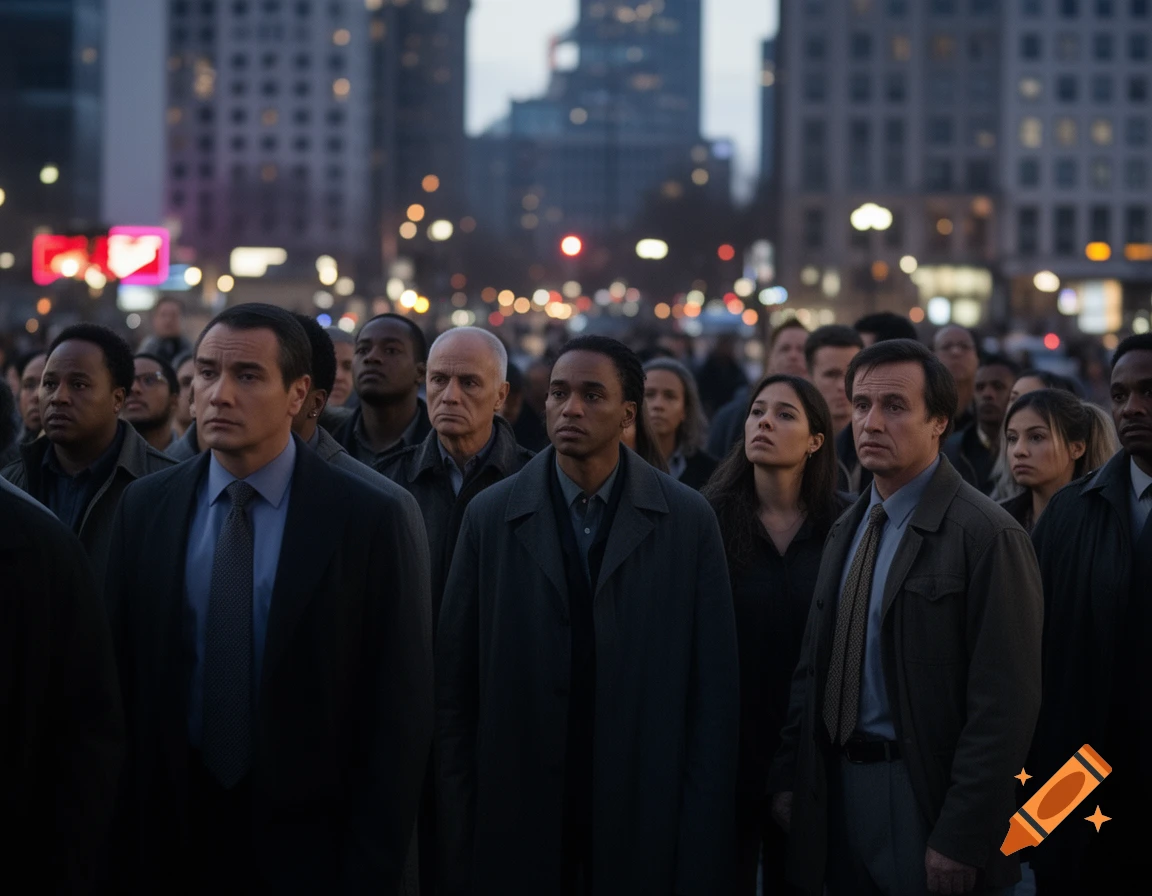 A diverse crowd of serious-looking people looking up in a city at dusk.