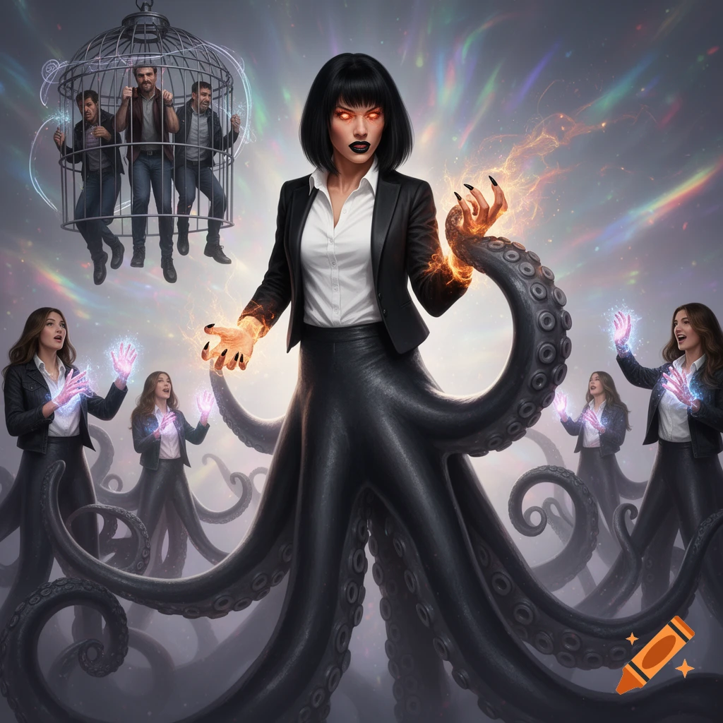 A powerful woman with octopus legs, fiery eyes, and black suit, holds men captive in a magical cage, surrounded by other octopus-legged women with glowing hands.