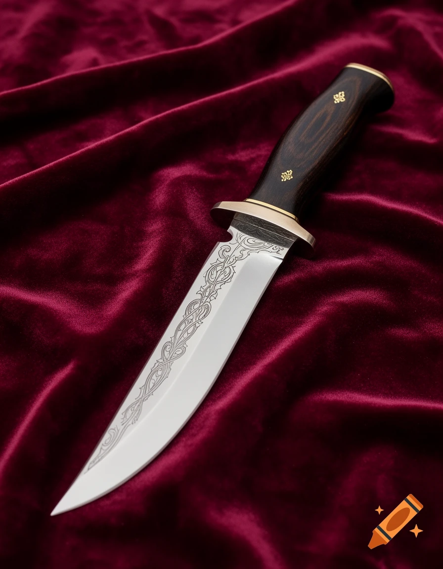 A decorative dagger with a dark wooden handle, engraved silver blade, and brass accents, lying on crimson velvet.