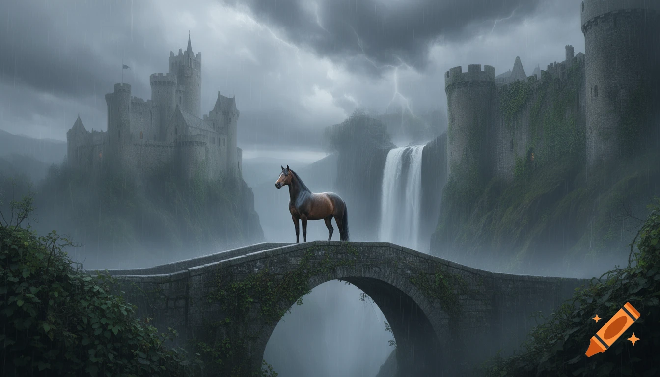 A brown horse stands on a stone arch bridge in a misty, rainy landscape with medieval castles, a waterfall, and stormy skies.