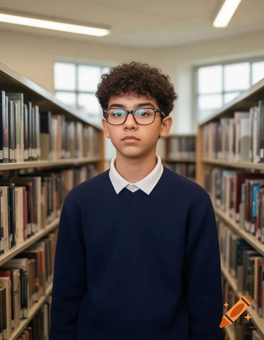 Young boy with curly hair and glasses stands in a library aisle, surrounded by bookshelves.