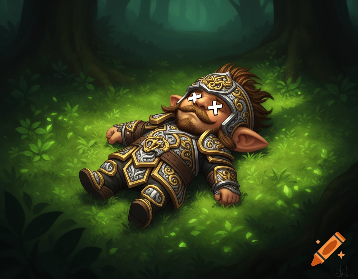 Cartoon gnome character in ornate gold and silver armor lies dead on a forest floor with white X's for eyes.