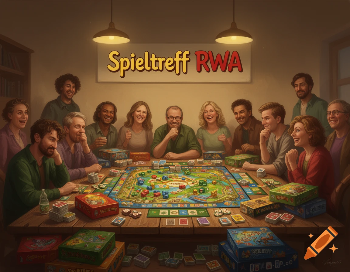 Diverse adults laughing while playing board games around a wooden table under a sign reading 'Spieltreff RWA'.