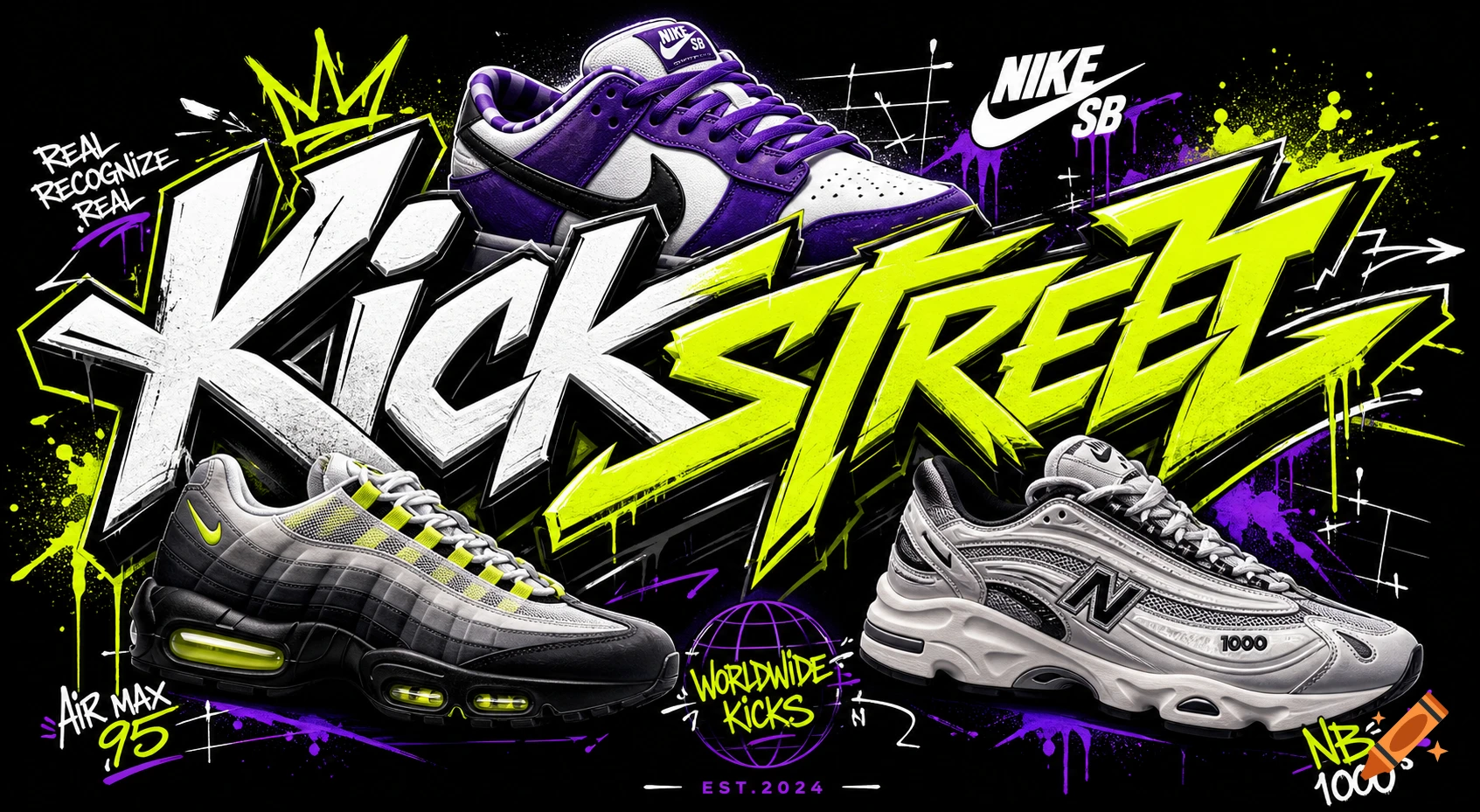 A vibrant street art logo for 'KICK STREET' with a Nike SB, Air Max 95, and New Balance 1000, on a black background.