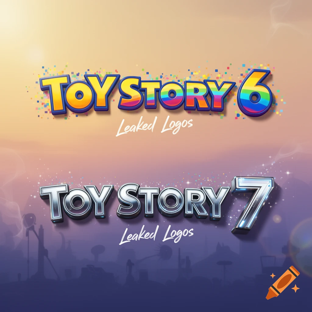 Stylized logos for 'Toy Story 6' (colorful, pixelated) on a bright background and 'Toy Story 7' (metallic, glowing) on a dark cityscape, both with 'Leaked Logos' text.