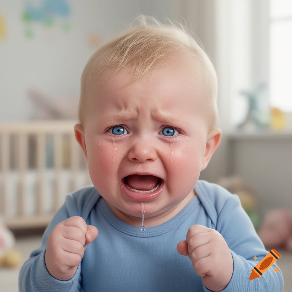 A blonde-haired, blue-eyed baby in a blue onesie cries intensely, with tears streaming down its face and drool dripping from its mouth.
