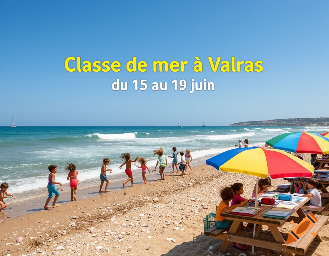 Children play and learn at picnic tables on a sunny beach, with text 'Classe de mer à Valras du 15 au 19 juin' overlaid.