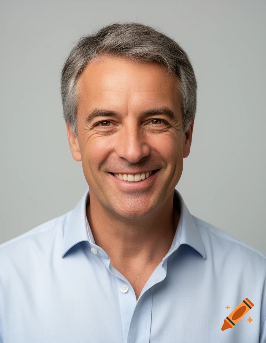 Photorealistic headshot of a smiling middle-aged man with graying hair in a light blue shirt, on a plain grey background.