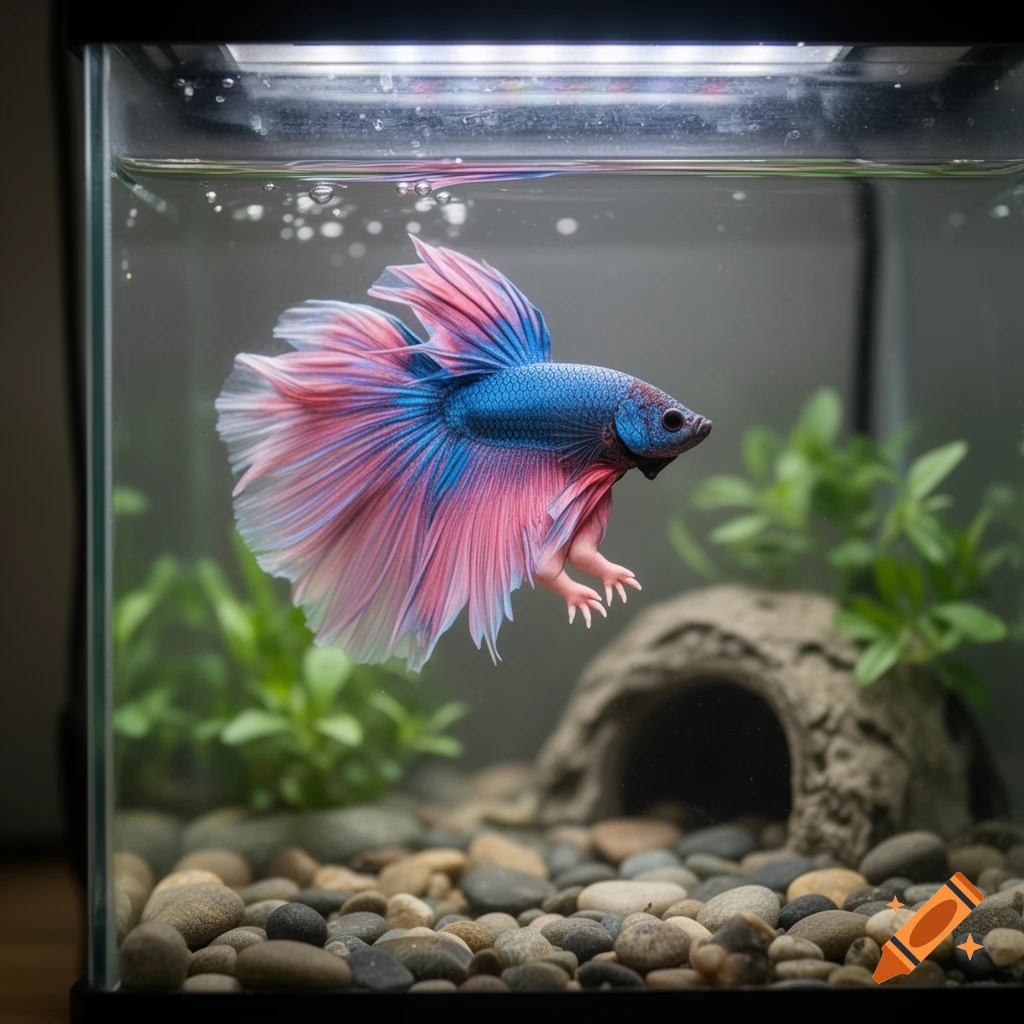 Photorealistic blue and pink Betta fish with human-like toes in a clear glass aquarium with pebbles and green plants.