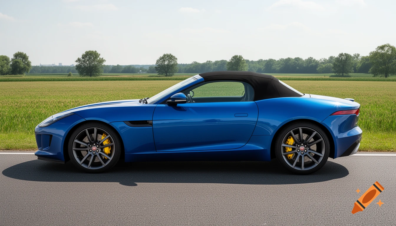 A blue Jaguar F-Type 400 Sport convertible with a black soft top is parked on an asphalt road next to a green field under a clear sky.
