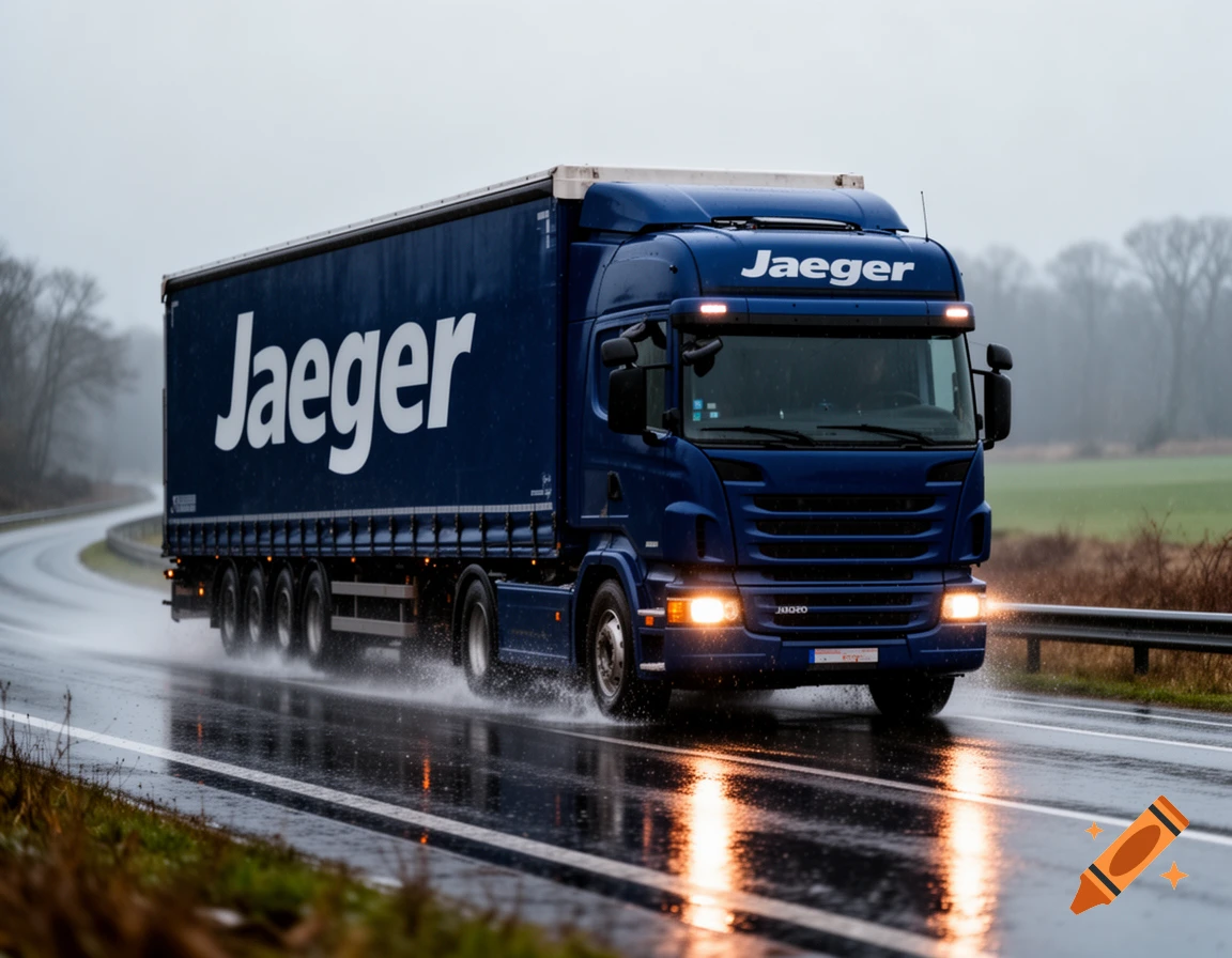 A blue Jaeger semi-truck drives on a wet road in the rain, splashing water, with trees and fields in the background.