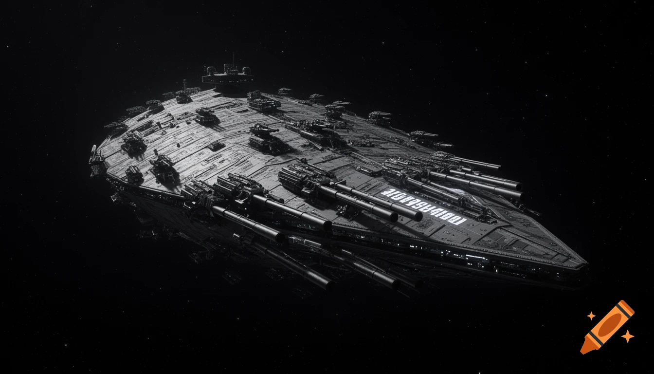 A detailed, dark gray futuristic spaceship with many turrets floats in a star-filled black space.