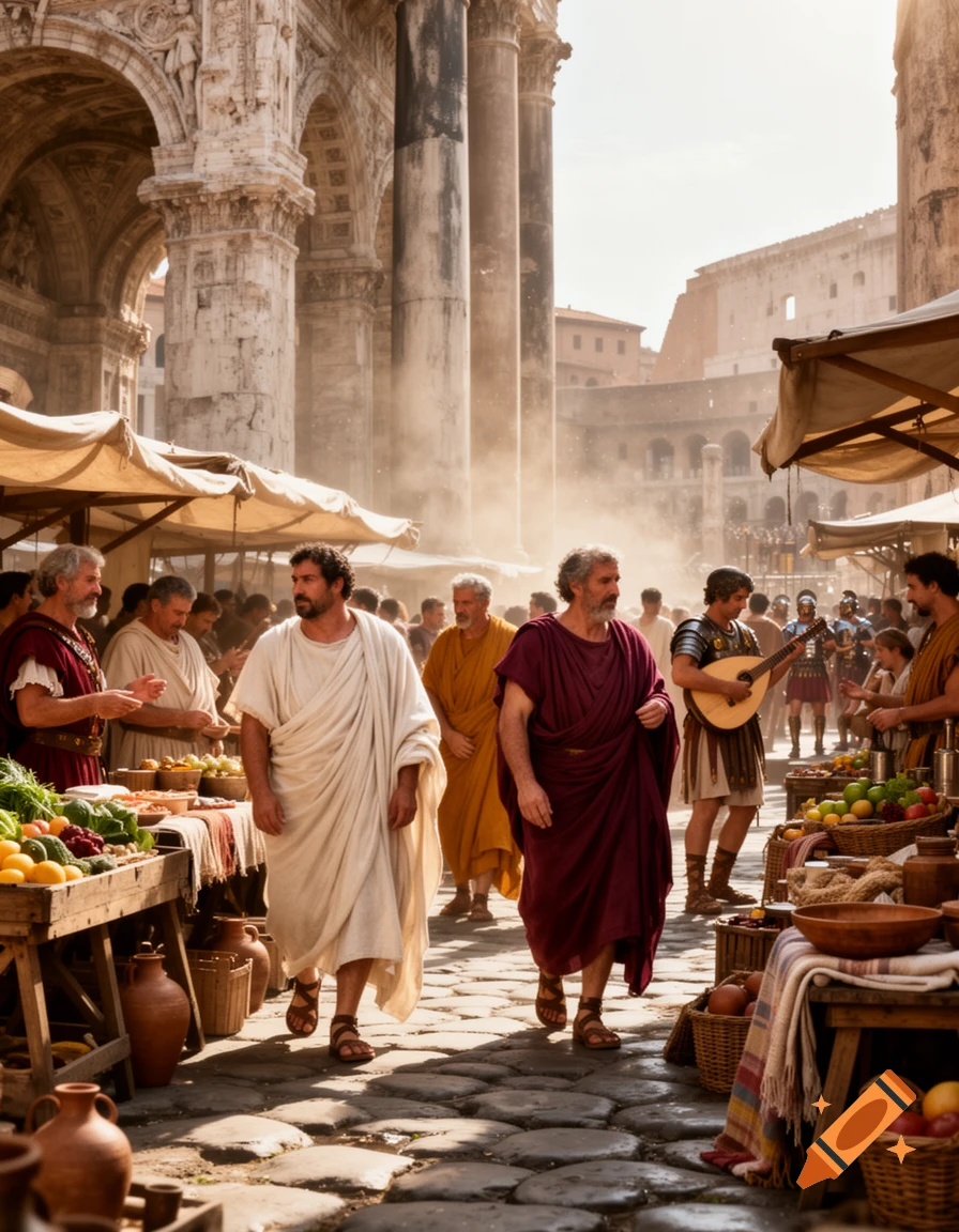 Photorealistic image of Romans in togas navigating a sunlit ancient marketplace with towering stone architecture.
