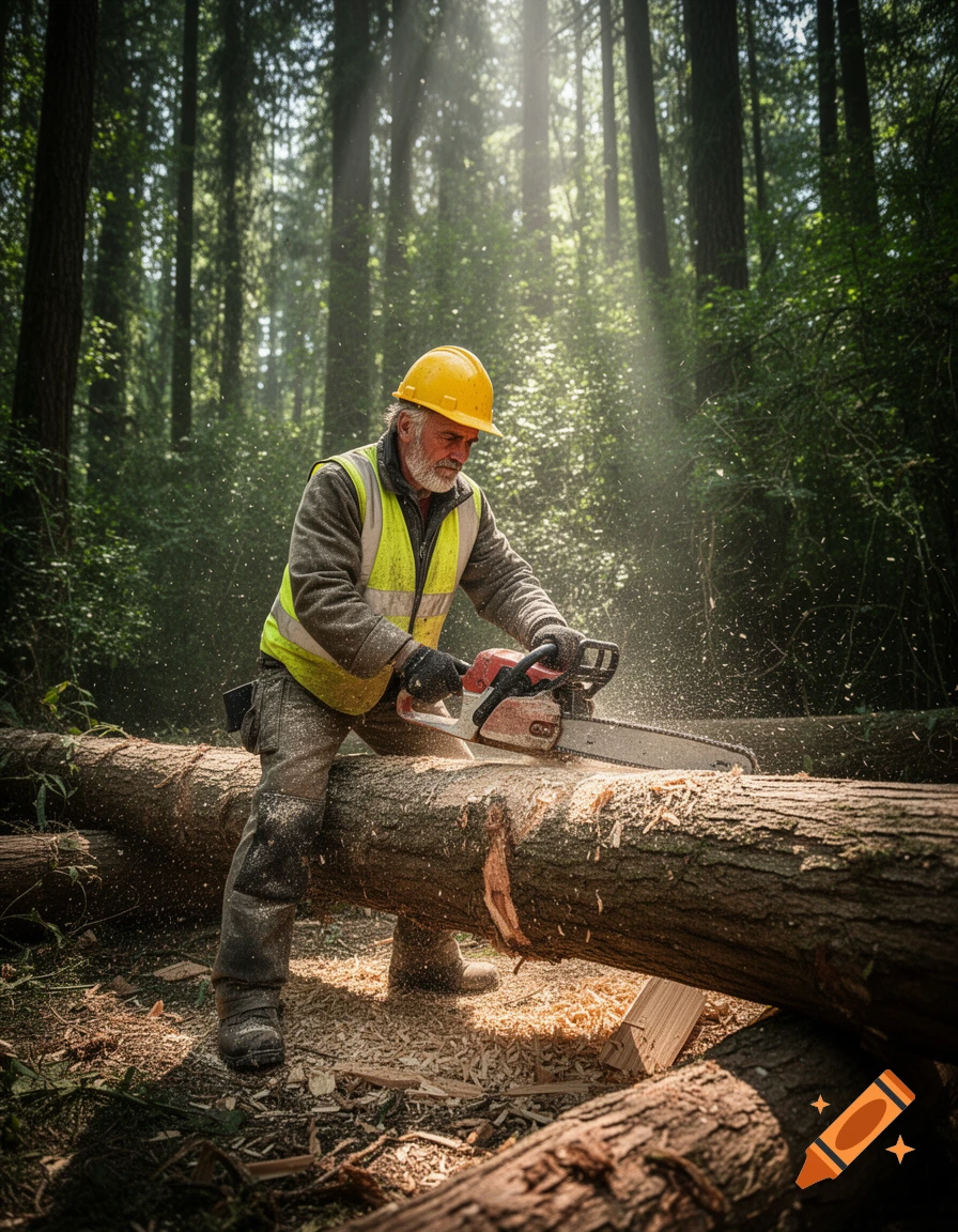 A grizzled lumberjack in a hard hat and safety vest uses a chainsaw to cut a felled tree in a sun-dappled forest.