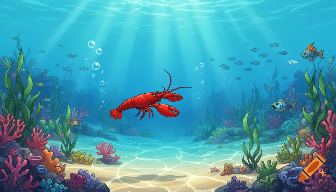 Colorful cartoon underwater scene with a red lobster, various fish, and coral, evoking a 2D video game.