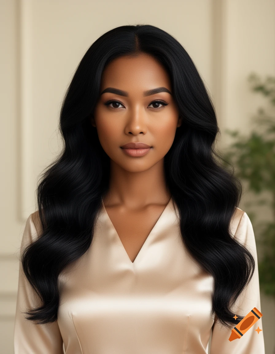 Photorealistic portrait of a woman with long black wavy hair, wearing a champagne satin blouse.