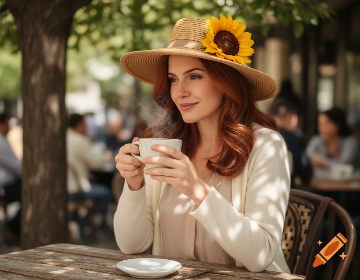 A photorealistic image of a red-haired woman drinking coffee at an outdoor cafe, wearing a straw hat with a large sunflower.