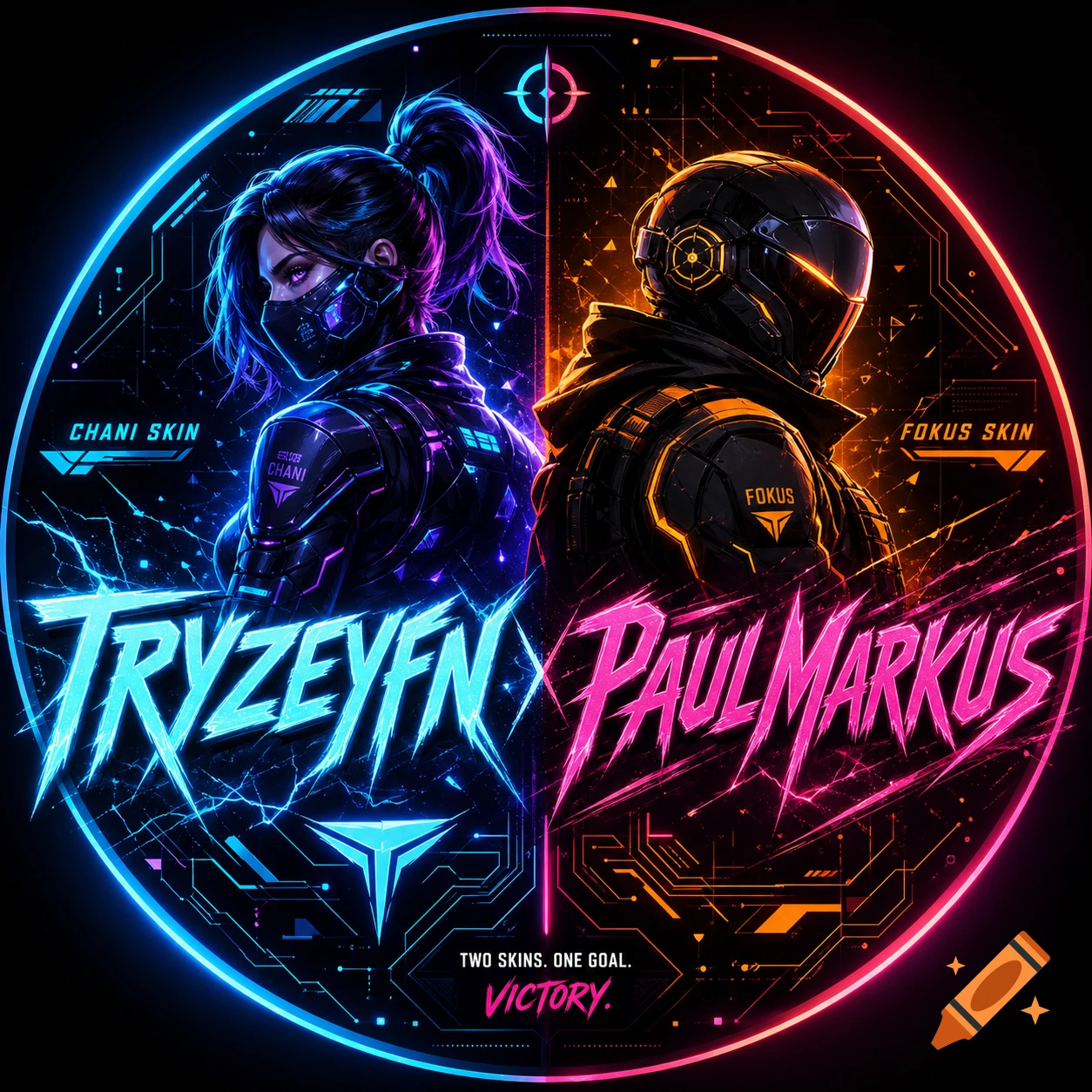 A circular gaming logo with a blue neon masked female and orange neon helmeted male, text "TryzeyFN" and "PaulMarkus".