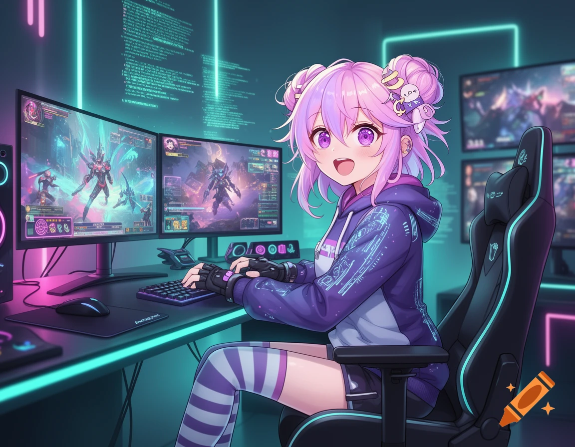 An anime girl with pink pigtails, wearing a purple hoodie and striped socks, plays a video game on dual monitors in a neon-lit room.