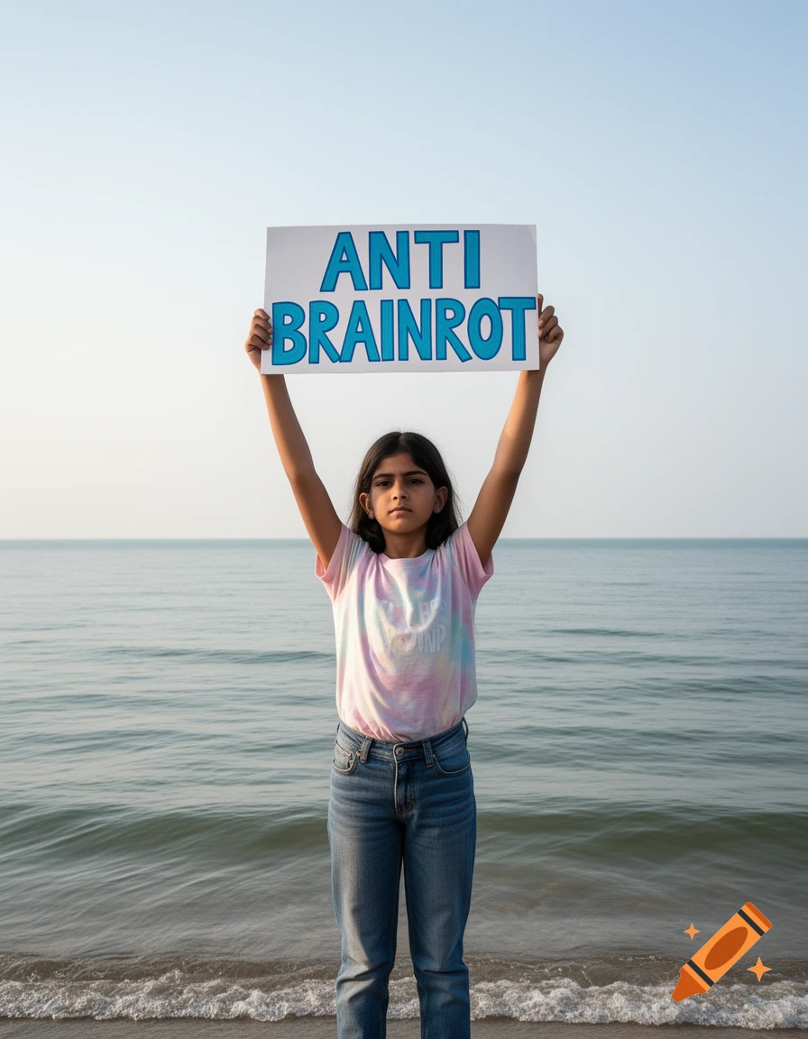Young girl holding an 'ANTI BRAINROT' sign on a beach in front of the ocean, photorealistic.