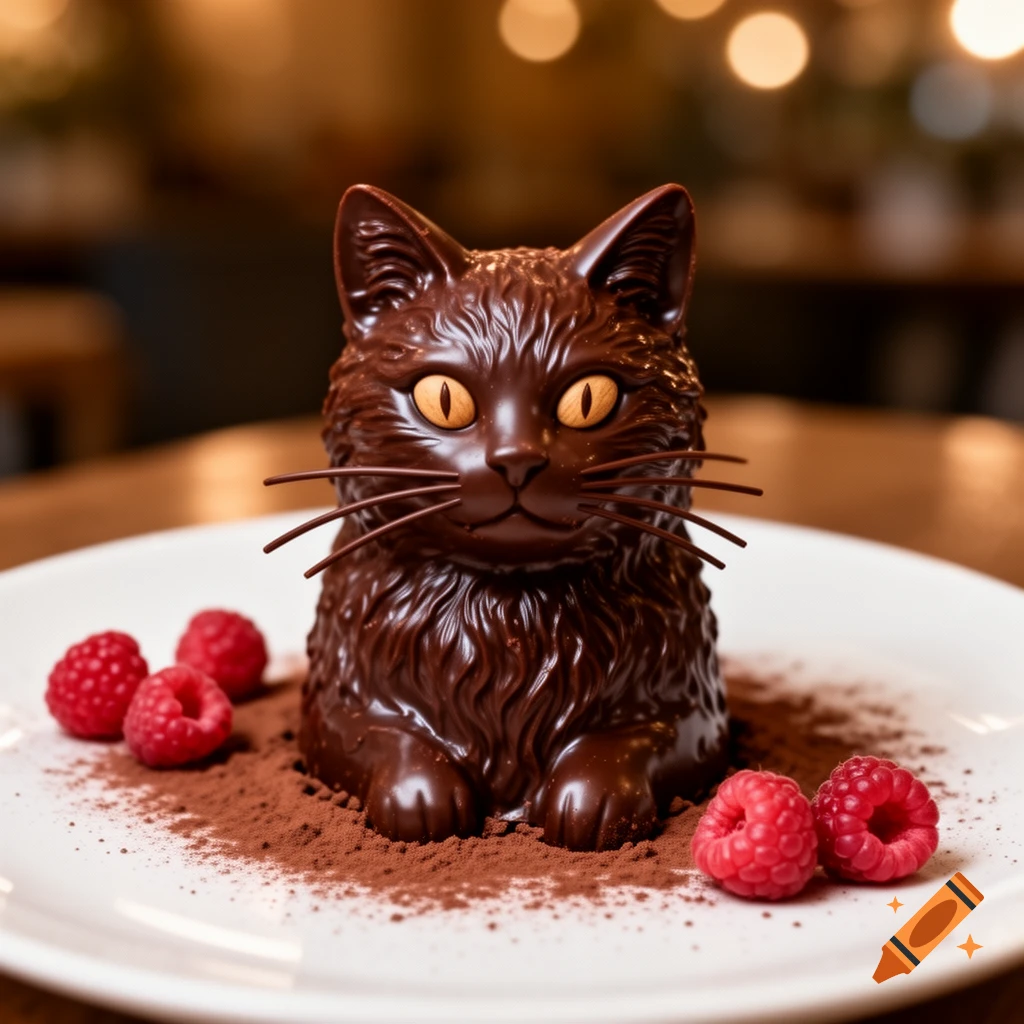 Photorealistic chocolate cat dessert on a white plate with fresh raspberries and cocoa powder.