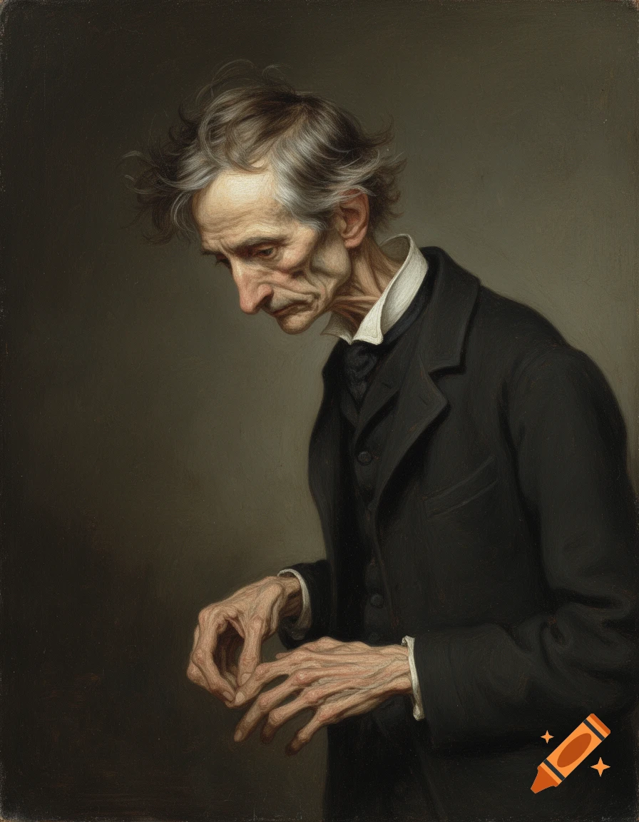 Oil painting of a frail Victorian man with disheveled gray hair, dressed in a dark suit, looking down with clasped hands.