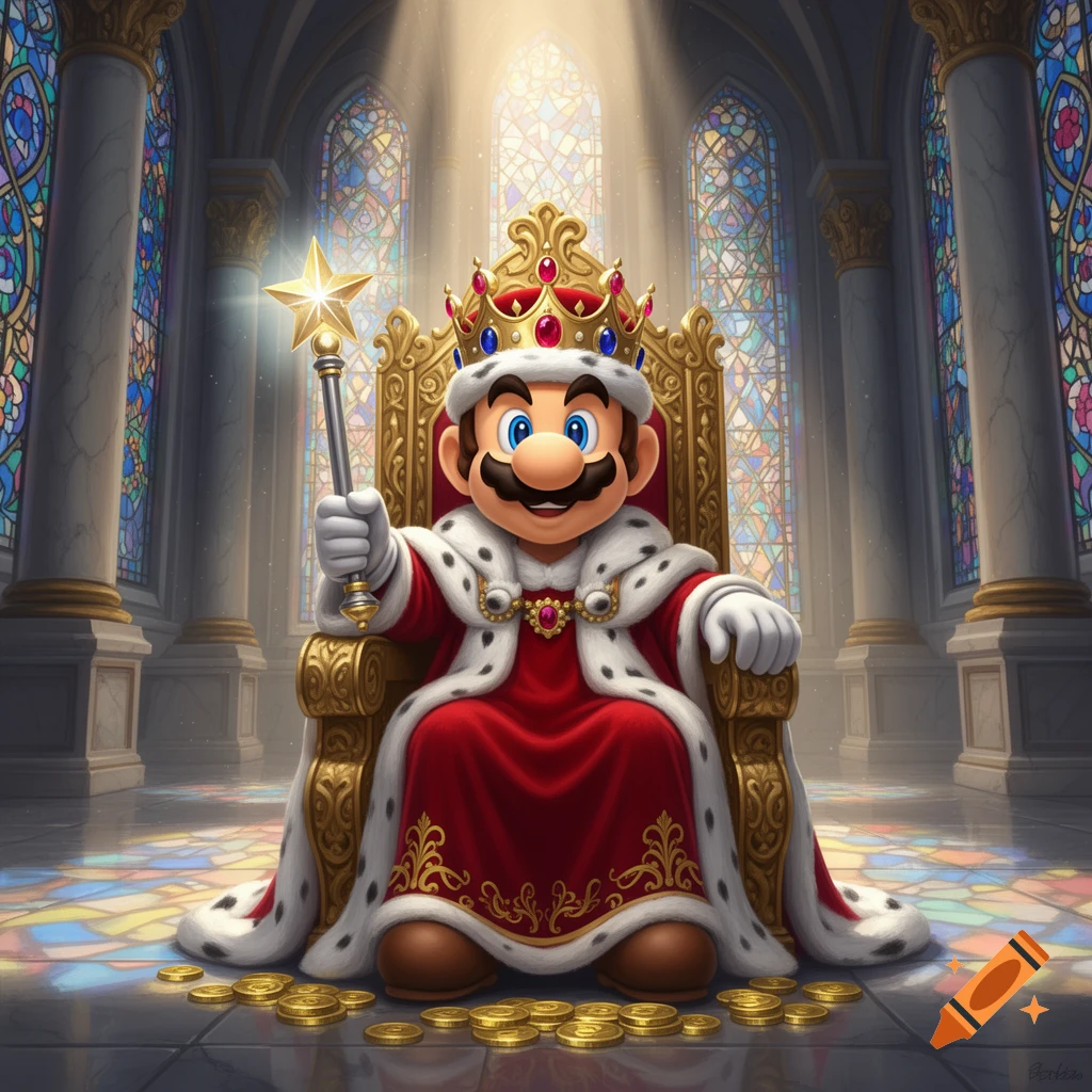 Mario as a king sits on a golden throne in a grand hall with stained glass windows, holding a star scepter, with gold coins on the floor.