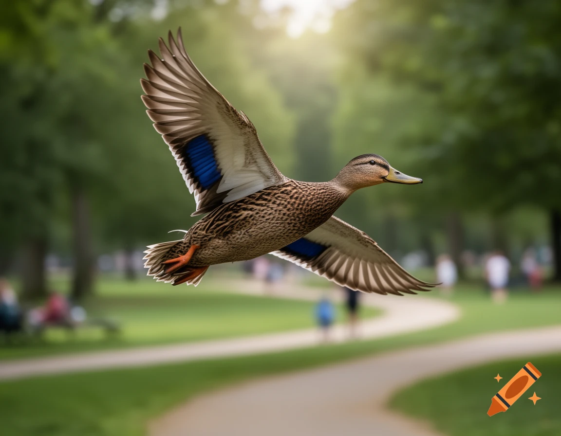 A realistic mallard duck with spread wings flies over a blurred park pathway under a bright sky.