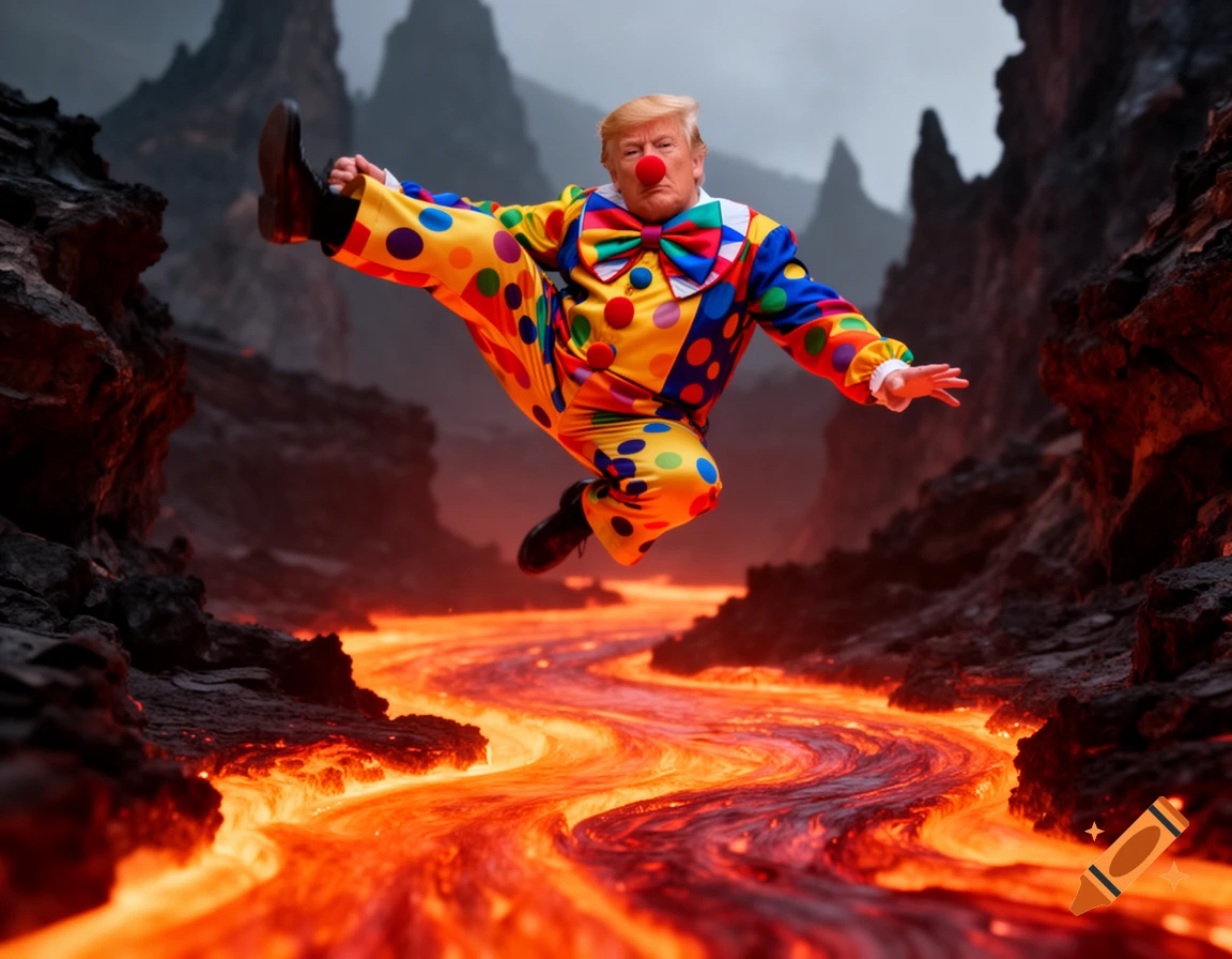 Donald Trump in a colorful clown costume doing an acrobatic jump over a stream of flowing lava in a dark, rocky landscape.