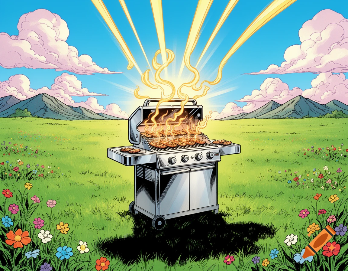 Comic art of a grill cooking food, steaming and glowing in a green meadow with colorful flowers, under a blue sky with pink clouds and mountains.