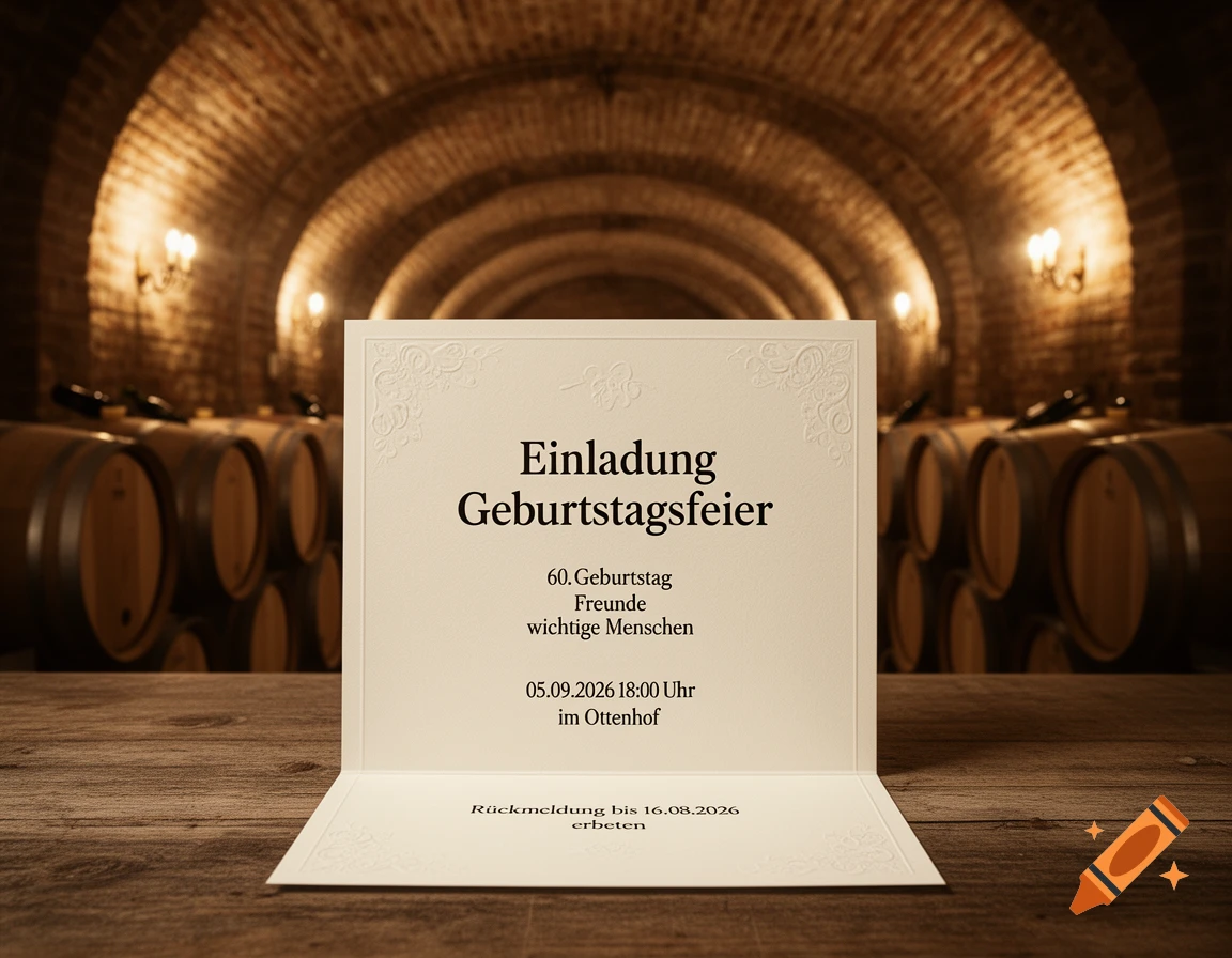 A white birthday invitation card stands on a wooden table in a dimly lit wine cellar with rows of wooden barrels and arched brick ceilings.