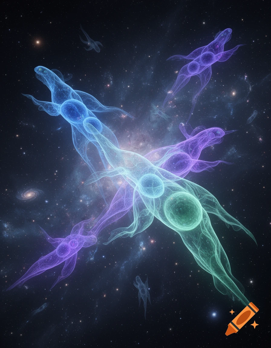 Ethereal, glowing, abstract cellular creatures entangled and floating in a dark, starry cosmos.
