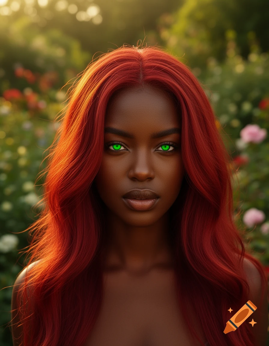 A photorealistic portrait of a dark-skinned woman with long red hair and bright green eyes, set against a blurred sunny garden.